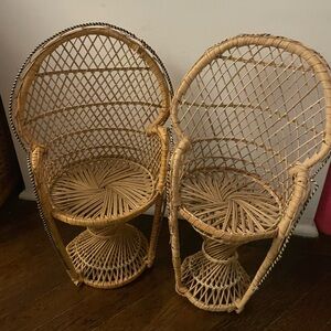 Pair of Vintage Miniature Wicker Peacock Chairs - Doll/Plant Holder